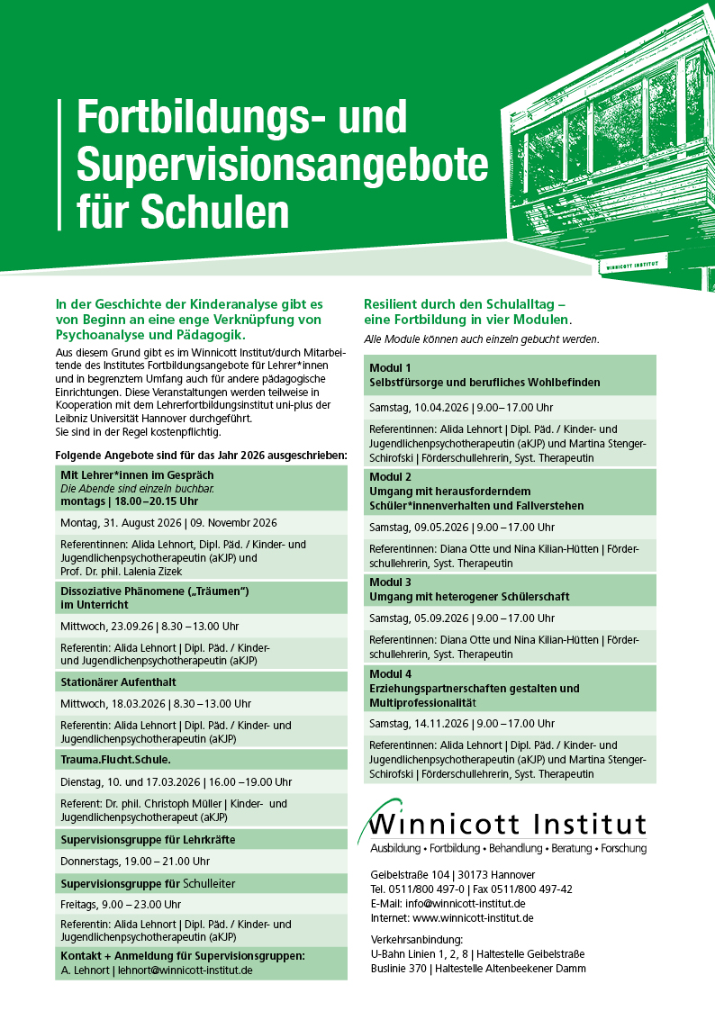 Fortbildungs- und Supervisionsabgebote für Schulen des Winnicott Instituts Hannover